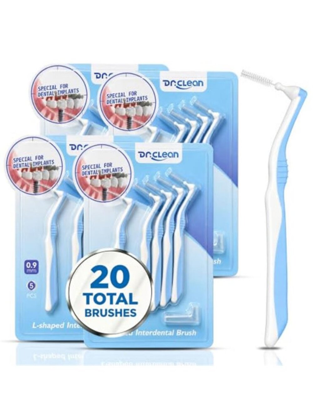 Angled Interdental Brushes 0.9mm for Tight Teeth Gaps, L-Shaped - E